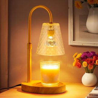 Candle Warmer Lamp with Timer: Electric Candles Warmers Adjustable Height Dimmable - Large Wax Candle Warmers Lamps Scented Flower Light - Home Decor Vintage Wood Base Shade Heat Modern Style Gold