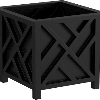 Pure Garden Lattice Design Planter Box – 14.75-Inch-Square Decorative Outdoor Flower or Plant Pot – Front Porch, Patio, and Garden Decor (Black)