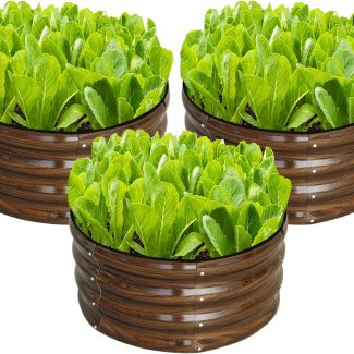 SnugNiture 3 Pcs 2x2x1ft Round Galvanized Raised Garden Bed Kit Outdoor, Metal Planter Box for Planting Plants Vegetables, Brown